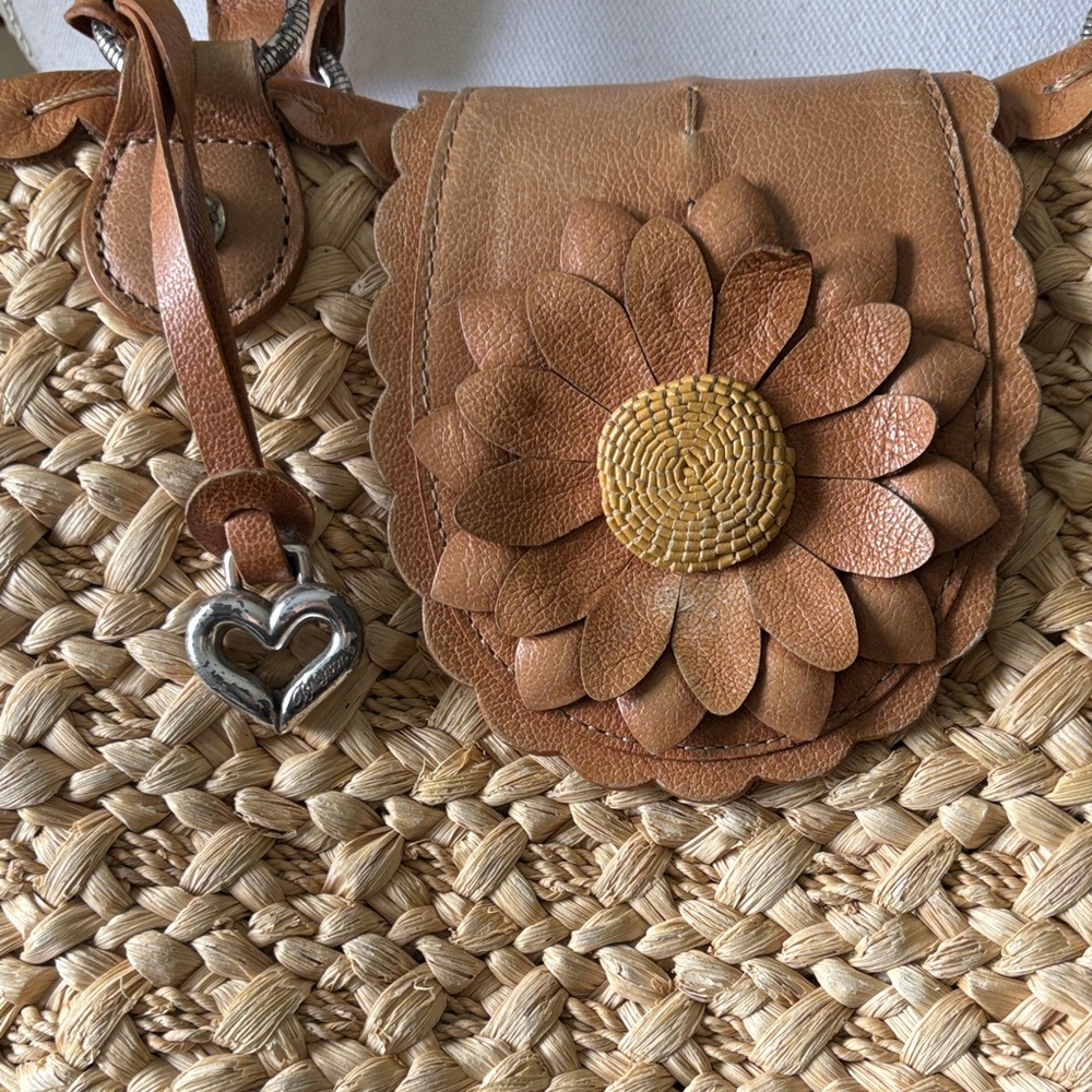 Brighton Woven Straw Shoulder Bag with Brown Leather Flower Accent